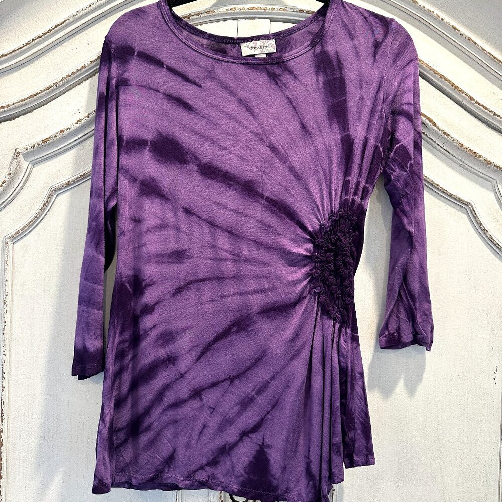 Women's Purple Tie-Dye 3/4 Sleeve Side Ruched Top Size Sm